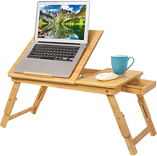 Laptop Desk Tray, Breakfast Serving Bed Tray, Computer, Notebook Holder & Stand, Adjustable & Foldable with Flip Top and Drawers, 100% Bamboo