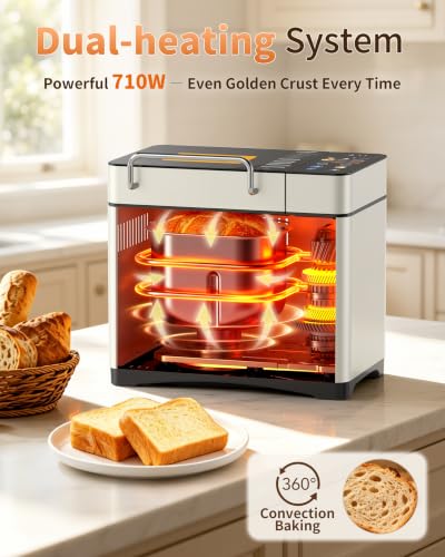 Image of KBS 2.2LB Smart Bread Maker, 20-in-1 Automatic Bread Machine with Color Touchscreen, Dual Heaters, True Ceramic Pan, Auto Nut Dispenser, 2 Custom Programs, Sourdough&Gluten Free, White Stainless Steel