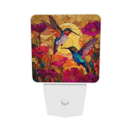 Image of Colorful Hummingbirds Night Light Set of 2, Stained Glass Auto Sensor LED Dusk-to-Dawn Nightlights, Plug-in Sensor Lamp for Bedroom Bathroom Kitchen Hallway Stairs Decorative