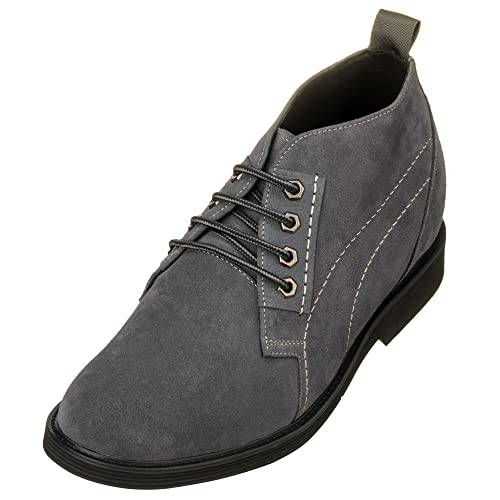 CALTO Men's Invisible Height Increasing Elevator Shoes - Grey Suede Leather Chukka Lace-up Ankle Boots - 3.2 Inches Taller - K9910 - Size 9 D(M) US