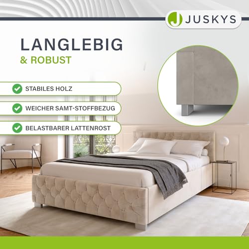 Juskys Polsterbett Nizza 180x200 cm Samt mit Stauraum, LED Beleuchtung & Lattenrost - Chesterfield Steppung & Kopfteil - Bett Bettgestell - Beige