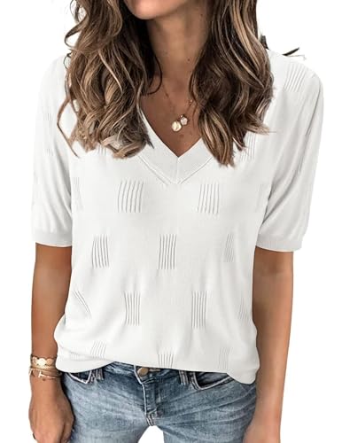 Image of Zeagoo Womens Short Sleeve Sweaters Soft Casual V Neck Pullover Tops Lightweight Knit Sweater Blouse