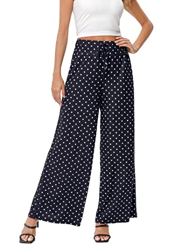 KOJOOIN Women's Wide Leg Pants Casual Palazzo Summer Flowy Pants Elastic High Waist Lounge Drawstring Long Trousers for Women