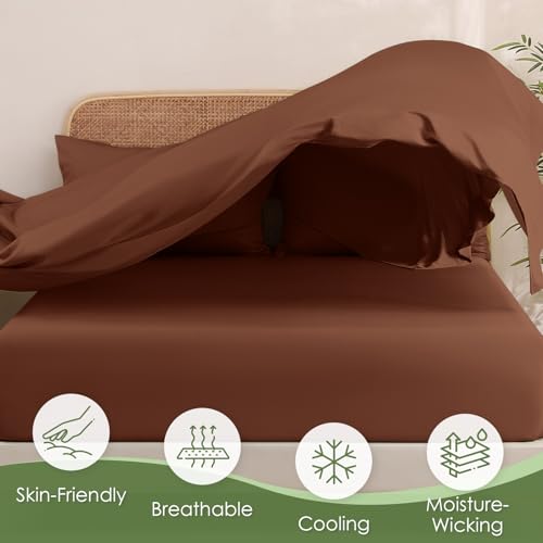 Image of MICORAL Queen Sheet Set, Rayon Derived from Bamboo Cooling Sheets for Queen Size Bed Set, Breathable & Soft, Deep Pocket Up to 16 inch, Hotel Luxury Silky Bedding for Hot Sleepers, Brown