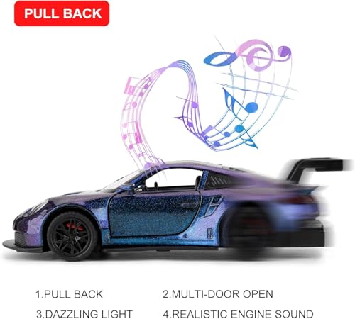 Image of 1:32 Porsche 911 GT3 RS Diecast Model Pull Back Toy Car with Sound & Light Openable Doors Miniature Racing Car for Kids & Collectors Gift for Boys & Adults (Purple)