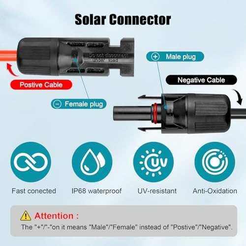 Kimbluth 10 AWG Solar Extension Cable 1FT Black + 1FT Red, Ultra Solar Panel Wire Male to Female Tinned Copper Wire for Solar Panel, Automotive, RV, Boat, Outdoors, Black&Red
