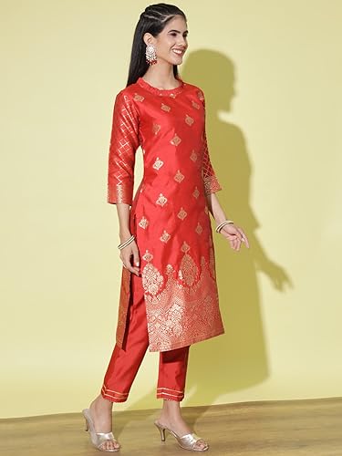 Image of VredeVogel Women's Cotton Silk Jacquard, Banarasi Silk Kurta Pant With Dupatta Set