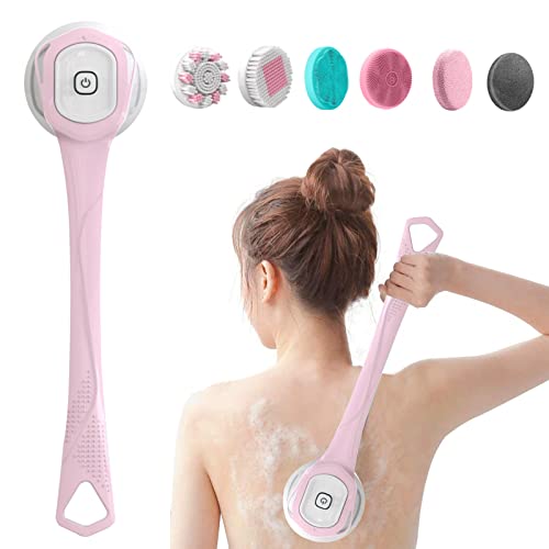 Cepillo Espalda Ducha, 6 en 1 Electrico Recargable Cepillo Exfoliante Corporal, 3 Velocidades Adjustable, IPX7 Impermeable, Esponja Silicona Cuerpo para Limpieza de la Piel Masaje Exfoliación