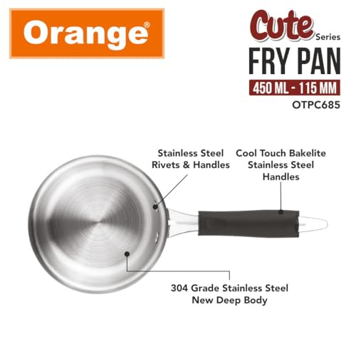 Image of Orange Triply Stainless Steel Mini /Baby /Small Sized (Cute Fry Pan 450 ML) | Heavy Bottom | Induction Friendly | 2.5mm Thickness | Cool Touch Bakelite Stainless Steel Handle | 5Year Warranty