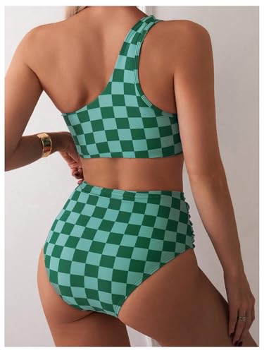 SOLY HUX Women's Plaid Bathing Suit Checkered Print One Shoulder Ruched High Waisted Bikini Set Two Piece Swimsuit4