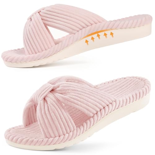 Litfun Women's Pink Open-Toe Corduroy Cross Bow Slippers, Size 37