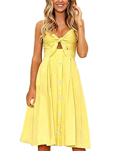 Image of FANCYINN Womens Tie Front Button Down A-Line Dresses Summer Spaghetti Strap Midi Dress Floral Prints