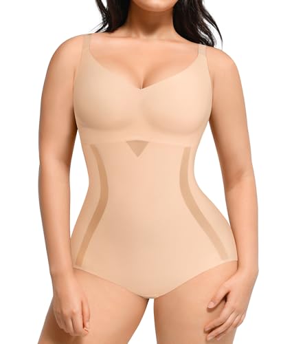 Image of SHAPELLX Shapewear for Women Tummy Control Body Shaper Slimming Bodysuit V Neck Body Shaper Suit Butt Lifter