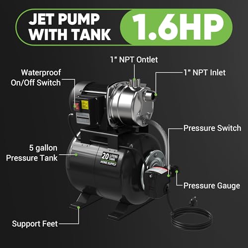 1.6HP Shallow Well Pump with Pressure Tank, 1000GPH 5-Gal Irrigation Jet Pump with Automatic Booster System for Home, Garden, Lawn,120V, Black