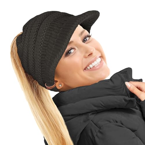 TOSKATOK Damen Frauen Slouchy Peaked Pferdeschwanz Messy Bun Strickmütze Schirmmütze Cap