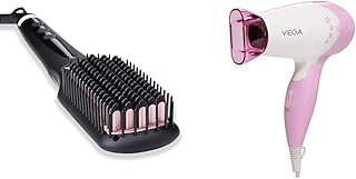 Vega Hair Straightener Brush, Black & VEGA Insta Glam Foldable 1000 Watts Hair Dryer With 2 Heat & Speed Settings, VHDH-20