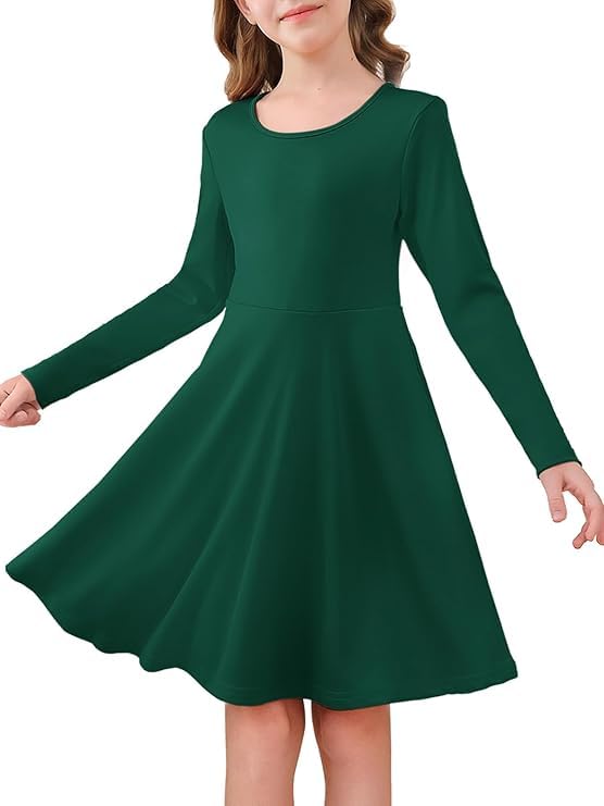 Haloumoning Mädchen Kleid Langarm Rundhals Freizeitkleid A-Linie Elegant Partykleider Einfarbig Casual Midikleid Festlich Hochzeit Kinder Kleider 5-14 Jahre Grün 13-14 Jahre