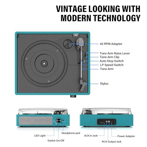 Image of Record Player for Vinyl with 2 Build-in Speakers LP Vinyl Players Belt-Driven Vintage Turntables 3 Speed 3 Size, Wireless Bluetooth Playback, AUX-in, RCA Out, Headphone, Auto Stop Sea Blue