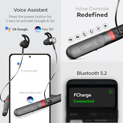 Image of GOBOULT FCharge Bluetooth Earphones with 40H Playtime, Zen ENC Mic, Dual Device Connectivity, Type C Fast Charging,14.2mm Bass Driver, Made in India, IPX5 (Pure Black)