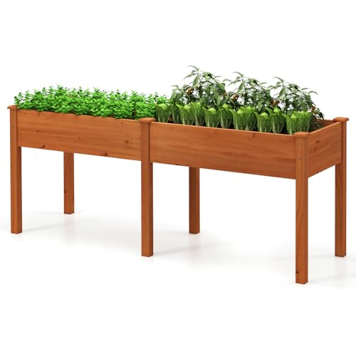 GOPLUS Cama de Jardín Elevada con Patas, Macetero Elevado con Divisor, 8 Orificios de Drenaje, Madera de Abeto para Verduras, Flores, Frutas, Hierbas, Jardín, Patio Trasero, (Amarillo)
