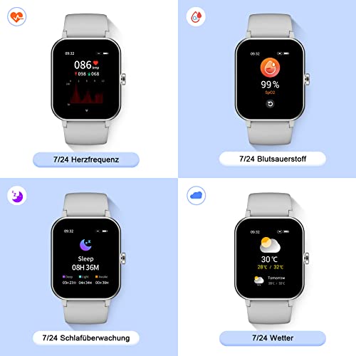 IOWODO Smartwatch Damen Herren 1,69'' Uhren IP68 Wasserdicht Fitnessuhr Tracker mit Pulsschlag SpO2 Schrittzähler Temperatur Schlafmonitor 25 Trainingsmodi Smart Watch für Android iOS (Grau) – Bild 3
