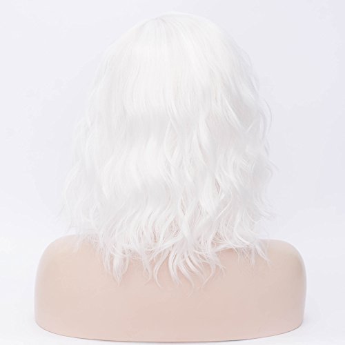 Image of BERON White Wigs for Women Short Curly Bob Side Part Wig Girls Shoulder Length Body Wavy Hair Wig White Heat Resistant Synthetic Halloween Cosplay Daily Party Wigs