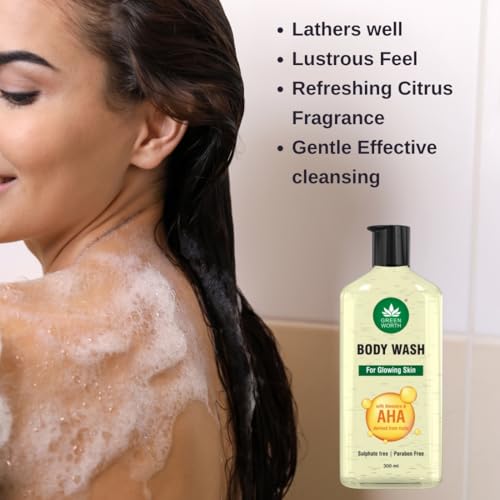 Image of GREENWORTH Body wash for glowing skin with AHA and Aloevera | Hydrating and Gentle Exfoliating Body Wash for Brighter, Softer and Smoother Skin| Sulphate & Paraben Free | 300 ml