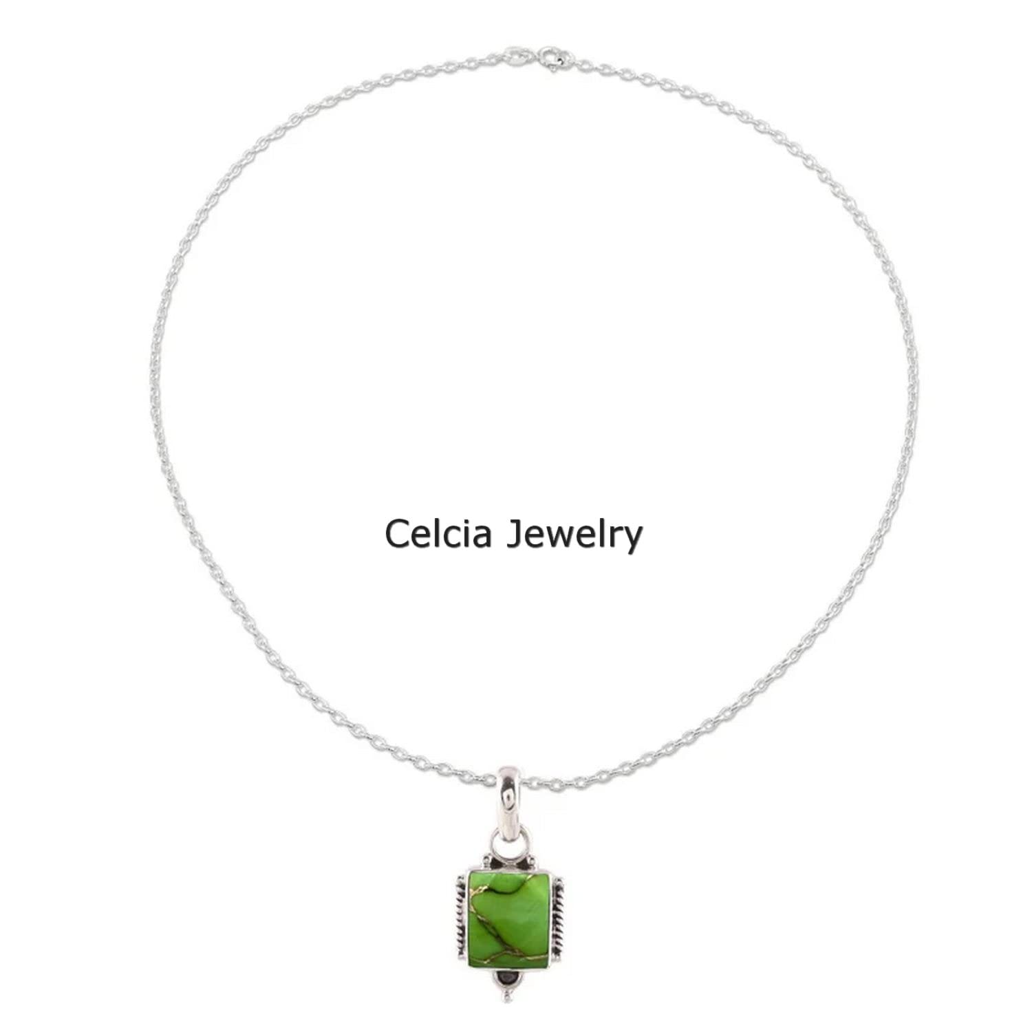 Collana in argento sterling 925 puro per le donne, collana realizzata a mano unica con pietra preziosa rettangolare turchese rame verde genuino per lei