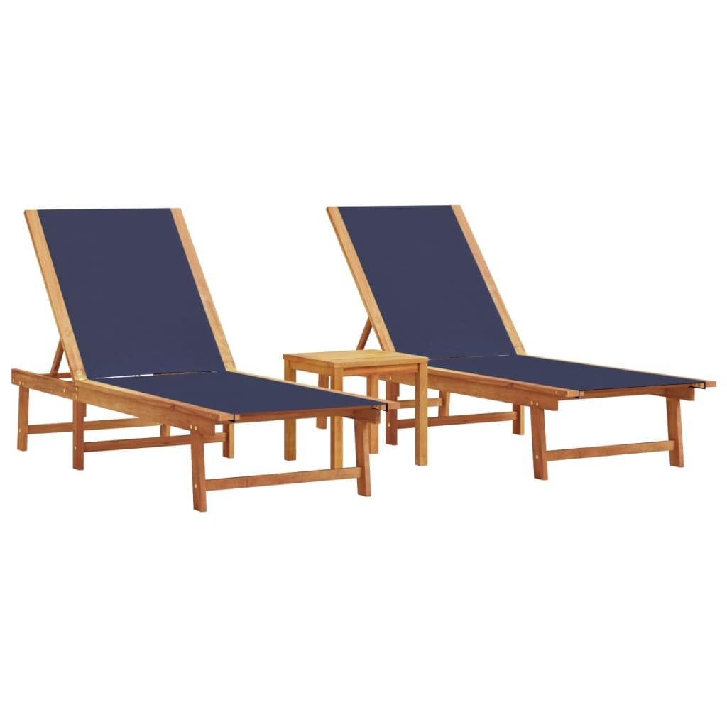 Conjunto de 2 tumbonas genéricas con mesa auxiliar de madera acacia | Respaldo de 5 posiciones ajustables, tejido textil resistente, carga máxima 110 kg, para piscina, jardín, terraza