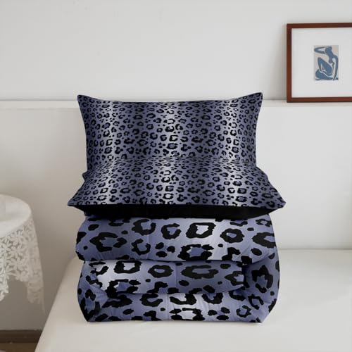 Image of Feelyou Kids Blue Grey Black Bedding Set Toddler Size Leopard Stripes Comforter Leopard Print Comforter Set for Teens Toddler Cheetah Fur Print Duvet Set Microfiber Bed Set