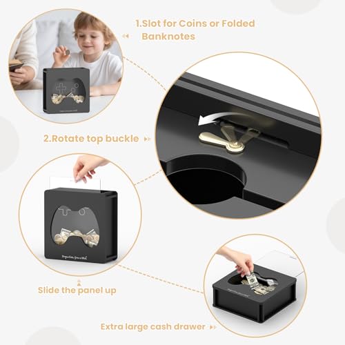 Image of Summidate Wooden Money Saving Box, Clear Window Cash Vault Savings Box with DIY Stickers, No-Assembly Handle Piggy Bank for Kids & Adults, Personalized Birthday /Baby Shower /Wedding Gift