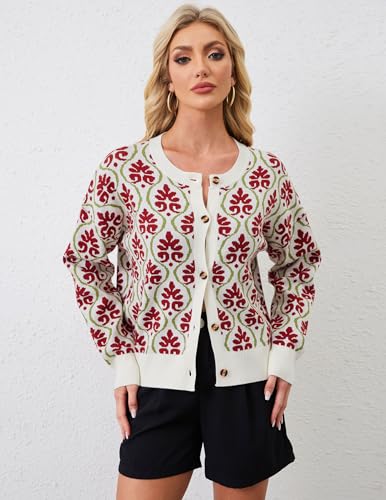 Image of Women's Floral Printed Cardigan Open Front Button Down Knit Flower Sweaters Long Sleeve Crew Neck Fashion Tops Red