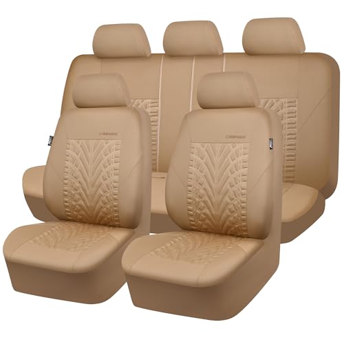 Image of CAR PASS Car Seat Covers Full Sets, Front & Split Rear Bench for Car, 3D Tyre Embossed Automotive Interior Covers, Airbag Compatible, Quick Setup Universal Fit Seat Covers for Car, SUV(All Beige)
