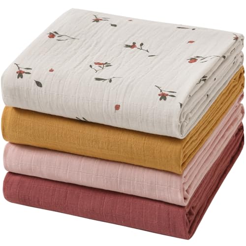Image of POMISO Muslin Swaddle Blankets for Boys & Girls, Newborn Receiving Blankets, 4 Pack Soft Breathable Baby Swaddles, Large 47x47 Inches, Red Berries & Earthy Colors