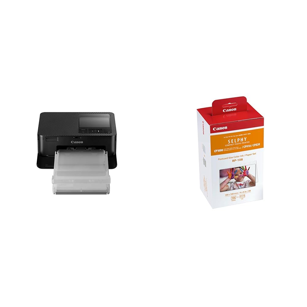 Canon Selphy CP1500, stampante fotografica a sublimazione wireless nera & Rp-108 Ink Paper, Bianco, 20 x 12 x 8 cm