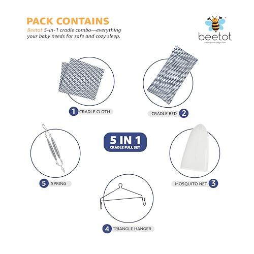 Image of Baby Swing Cradle (Jhula) for Newborns - Cloth Cradle with Removable Mattress, Mosquito Net, Spring & Triangle Hanger | Up to 15 kg | (Navy)