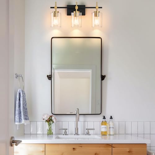 Image of Bathroom Vanity Lights, Black Gold 3 Lights, E26 Socket with Clear Glass Shade, Modern & Vintage Style Vanity Light for Bathroom, Powder Room, Dressing Room