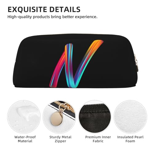 Image of Cute Initial Pencil Case for Kids Simple Leather Pencil Pouch for Boys Girls Letter Design Pencil Box Pen Bag Pencil Pouch Office Stationery Organizer, Rainbow Letter N