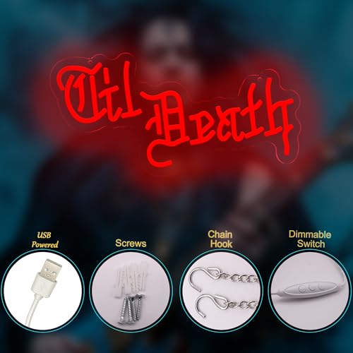 Image of Til Death Wedding Neon Sign USB Powered for Wall Decor, Gothic Halloween Gifts Neon Sign Dimmable LED Neon Light Sign for Bedroom Home Man Cave Old English Decor Goth Lover Gift