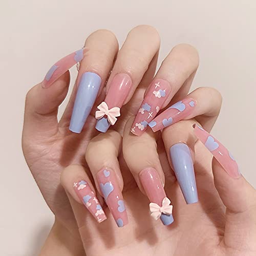 Vaveah 24 Pcs Press on Nails Coffin for Women, Extra Long Fake Nails Glue on Nails, False Nails with Glue (Pink Mixed Blue Heart)
