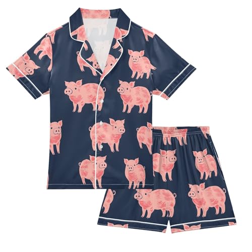ALAZA Blue Pig Cartoon Satin Pajamas Set Short Sleeve Button Down Sleepwear Summer Pjs 2 Piece