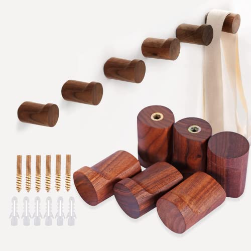 Upsole 6 Pack Walnut Wood Coat Hooks - Wooden Wall Hooks for Home and Office - Decorative Wall Mounted Hat Hooks and Hanging Washroom Towels Garments Wood Towel Hook