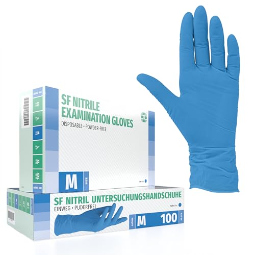 Nitrilhandschuhe 100 Stück Box (M, Blau) Einweghandschuhe, Einmalhandschuhe, Untersuchungshandschuhe, Nitril Handschuhe, puderfrei, ohne Latex, unsteril, latexfrei, disposible gloves, blue, Medium