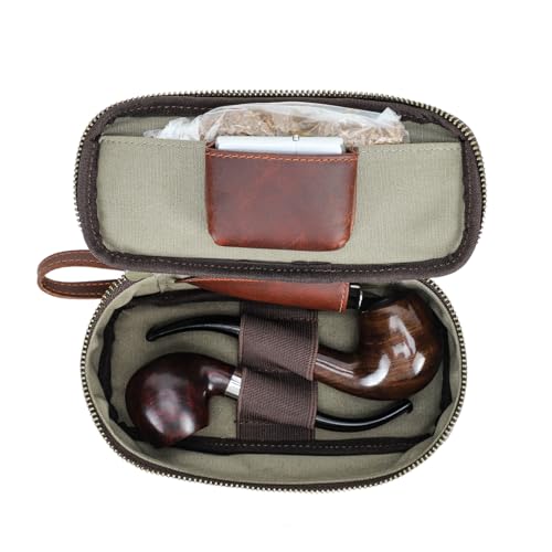 Estojo de Tabaco para Cachimbo em Couro Legítimo CONTACTS com Zíper, Organizador Portátil de Fumo com Suporte para Isqueiro, Caixa de Viagem para 2 Cachimbos e Acessórios Porta-cachimbo Tabaquera Luxo
