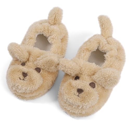 Image of LACOFIA Toddler Slippers Kids Boys Girls House Shoes Children Winter Warm Plush Slippers with Anti-Slip Rubber Sole Khaki Bear 9/10