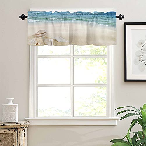 Valance Curtain For Kitchen Windows/ Living Room/ Bedroom/ Cafe, Ocean Coastal Seaside Scene Seashells Conch Sea Wave Blue Sky Clouds Window Curtain Valance Rod Pocket 54 Inch By 18 Inch, 1 Pane #TOP2