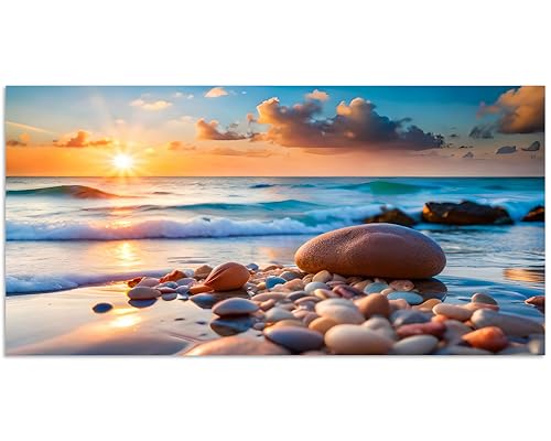TutuBeer 1 Panel Beach Pictures Wall art Beach Pictures Blue Sea Sunset White Ocean with Stone Print on Canvas Ocean Picture Wall Decor for Home Decor Decoration Ready to Hang 16x32inch by TutuBeer - Used condition - Image 2