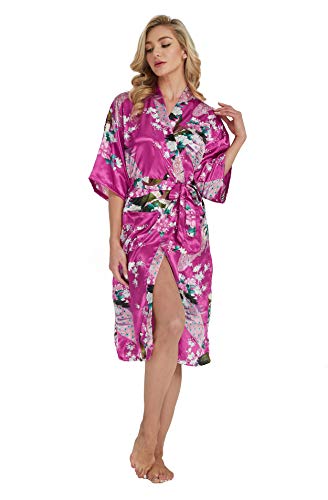 Westkun-Kimono Japonais en Satin Sexy Robe de Chambre Paon 1/2 Manches Peignoir Demoiselle d’Honneur Nuptiale Nuit Chemise de Longue Soirée PyjamaCadeau-Femme(Rose,L)