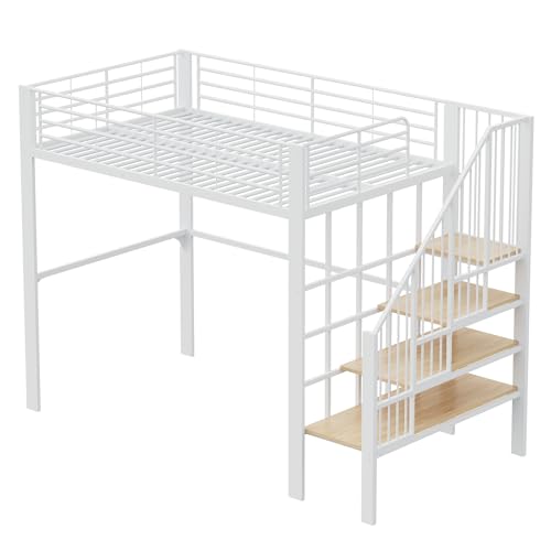 Letto a soppalco con scala e ripiano, struttura in metallo stabile, con ampio spazio sotto il letto e scale, ideale per bambini e adulti, letto singolo, letto a castello (bianco, 140 x 200 cm)