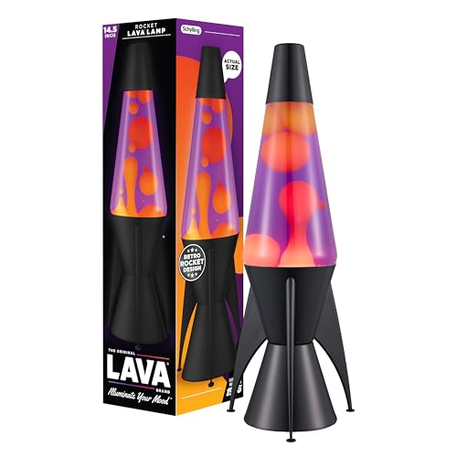LAVA® - Lampe à lave Evenfall Rocket 2391, cire jaune, liquide violet, socle décoratif, embout et ailettes de fusée, lampe à mouvement originale de 14,5 pouces de la marque LAVA®